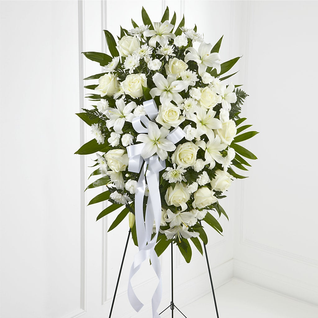 Exquisite Tribute Standing Spray-White Ribbon – Abc Florist, Mullens WV