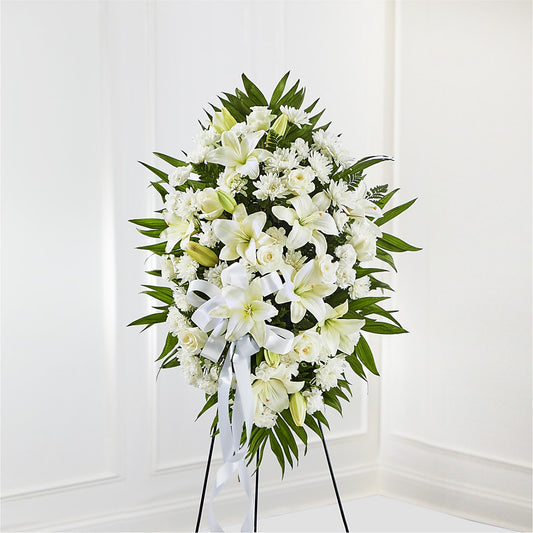 Exquisite Tribute Standing Spray-White Ribbon –  Abc Florist, Mullens WV